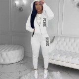 Pink Letter Print Hooded Sweatshirt Pant Two Piece Set YIM-294