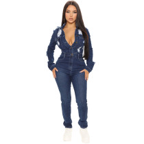 Fashion Long Sleeve Holes Denim Jumpsuit LA-3325