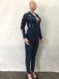 Fashion Long Sleeve Holes Denim Jumpsuit LA-3325