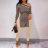 Print Slash Shoulder Long Sleeve Pant 2 Piece Set SHD-9402