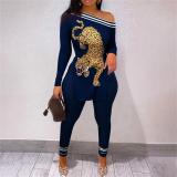 Print Slash Shoulder Long Sleeve Pant 2 Piece Set SHD-9402