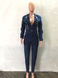 Fashion Long Sleeve Holes Denim Jumpsuit LA-3325