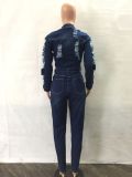 Fashion Long Sleeve Holes Denim Jumpsuit LA-3325