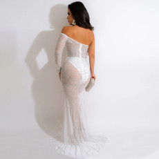 Sexy Hot Drilling One Shoulder Split Maxi Dress CYA-900157
