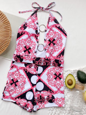 Sexy Print Hollow Round Ring One Piece Swimsuit CSYZ-B93