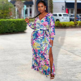 Plus Size Long Sleeve V Neck Split Tie Up Print Dress XHSY-19520