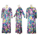 Plus Size Long Sleeve V Neck Split Tie Up Print Dress XHSY-19520