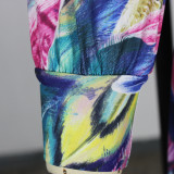 Plus Size Long Sleeve V Neck Split Tie Up Print Dress XHSY-19520