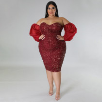 Plus Size Sexy Sequin Tube Tops Mesh Sleeve Evening Dress NNWF-7764