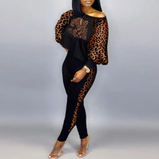 Plus Size Letter Print Color Blocking Two Pants Piece Set NY-2652