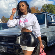 Letter Print Sweatshirt And Splicing Leather Skirt 2 Piece Set XHSY-19532