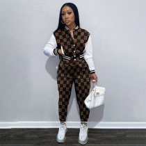 Print Patchwork Long Sleeve Baseball Jacket 2 Piece Set FSL-F203