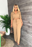 Casual Drawstring Short Tops High Waist Straight Pants 2 Piece Set GYLY-9849