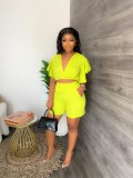 Casual Ruffle Short V-neck Top Shorts Summer 2 Piece Set GYLY-9758