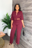 Casual Drawstring Short Tops High Waist Straight Pants 2 Piece Set GYLY-9849