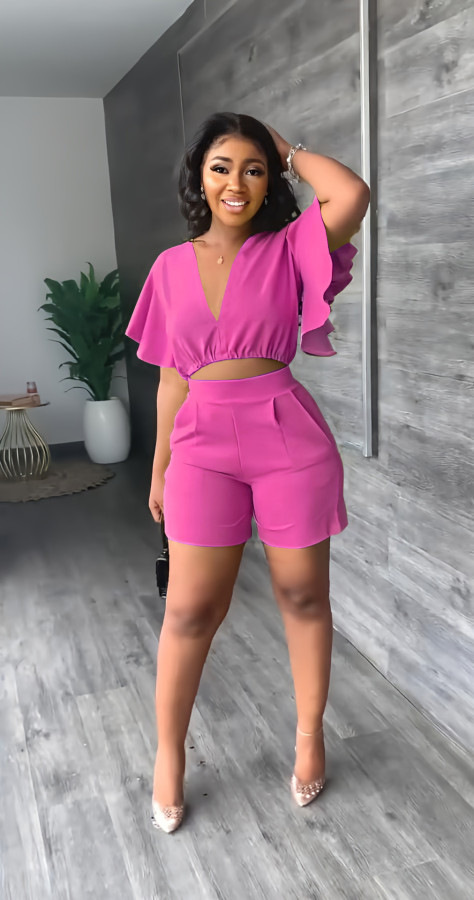 Casual Ruffle Short V-neck Top Shorts Summer 2 Piece Set GYLY-9758
