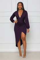 Long Sleeve V-neck Irregular Sexy Slim Midi Dress GYLY-9907