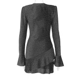 U-neck Padded Shoulder Flared Sleeve Ruffle Sexy Mini Dress GKLK-10544
