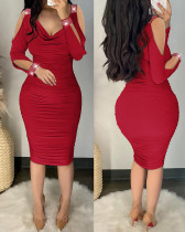 V-neck Hot Drill Solid Color Midi Dress LS-0385