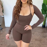 Solid Color Shawl Backless Tie Up Rompers Two Piece Set ASL-6627