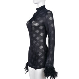 Long Sleeved Patchwork Feather Mesh Jumpsuit GBTF-6905