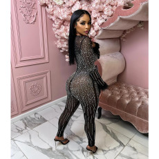 Mesh Hot Drill Long Sleeve Feather Jumpsuit BY-6200