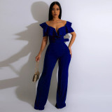 Ruffles V Neck Short Sleeve Jumpsuit With Waist Belt  YF-10390