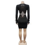 V Neck Mesh See-through Long Sleeve Tassel Dress  BY-6169
