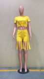 Casual Solid Short Sleeve Tassel Shorts 2 Piece Set ORY-5193