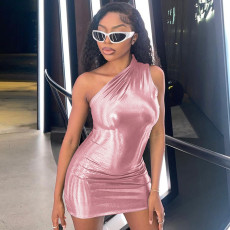 Solid Color Slash Shoulder Sleeveless Mini Dress BLG-289917K