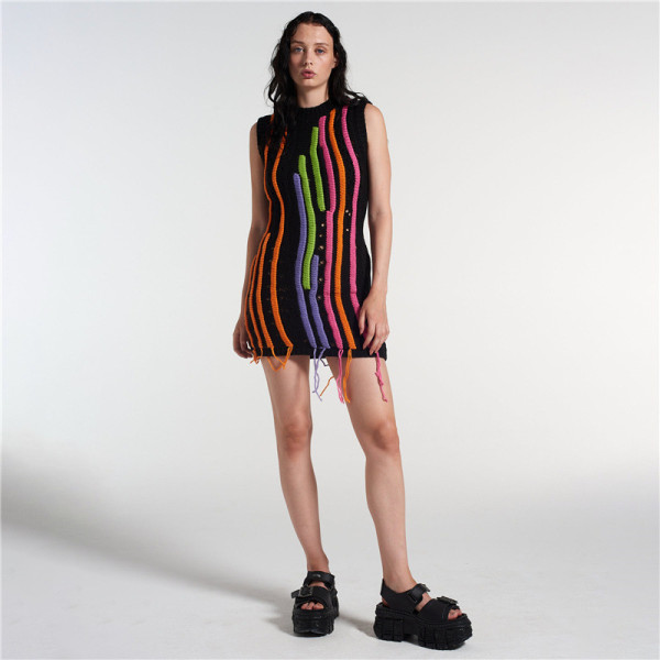 Tassel Sleeveless Splicing Knitted Mini Dress GDYF-10707