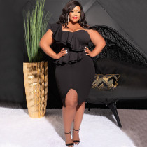 Plus Size Ruffles Single Shoulder Split Dress NNWF-7783