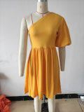 Single Shoulder Puff Sleeve Pleated Dress MIL-L402