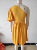 Single Shoulder Puff Sleeve Pleated Dress MIL-L402