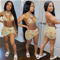 Sexy Letters Print Bikini Hanging Neck Swimsuit Three Piece Set JRF-243