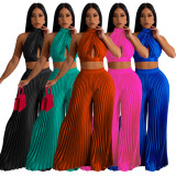 Solid Halter Crop Tops And Wide Leg Pant 2 Piece Set YF-10410