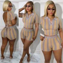 Printed Sexy Backless Short Sleeve Shorts Two Piece Set ORY-5238