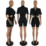 Solid Color Short Sleeve Shirt And Shorts Two Piece Set FOSF-8328