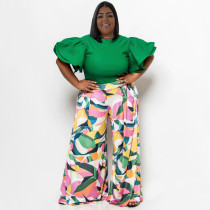 Plus Size Round Neck Tops Printed Pants Suit NNWF-7794