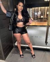 PU Leather Button Short Sleeve Shorts Two Piece Set HMS-5562