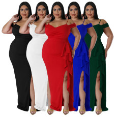 Plus Size Ruffle Sling Sexy High Split Maxi Dress NNWF-7792