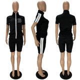 Letter B Zip Short Sleeve Shorts 2 Piece Set XYF-9280
