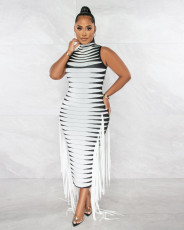 Half-high Neck Rib Printed Ribbon Sleeveless Dress NIK-324