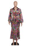 Fashion Printed Long Sleeve Split Skirts Two Piece Set XHXF-8661