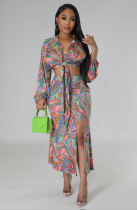 Fashion Printed Long Sleeve Split Skirts Two Piece Set XHXF-8661