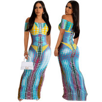 Printed Short Sleeve Long Dress TE-4593