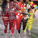 Plus Size Lapel Coat Hollow Out Pants Two Piece Set NY-2686
