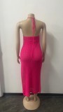Sexy Hollow Out Halter Splirt Knit Maxi Dress OSM-4385