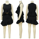 Solid Color Sleeveless Top Fungus Edge Skirt Two Piece Set YF-10436