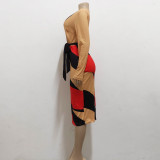 Fashion Color Block Print Long Sleeve Dress SMR-11884